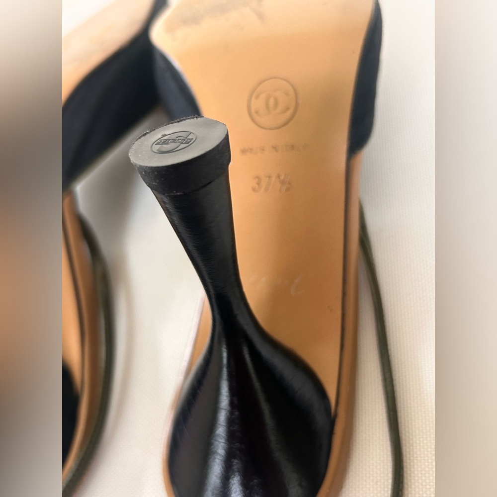 Vintage CHANEL Camellia Slingback Heels  Black Linen Tan Olive Leather Flower - Picture 15 of 15